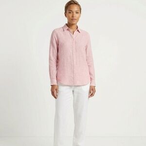 BARBOUR Shirt Womens Sz 10 Pink White Stripe Linen Long Sleeve Shirt Relaxed Fit